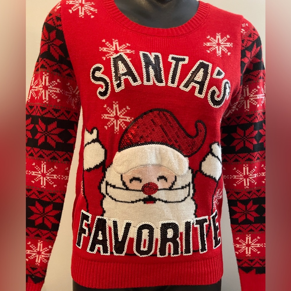 Wmn’s Red Christmas L/S Sweater, ‘Santa’s Favorite’ Size Small